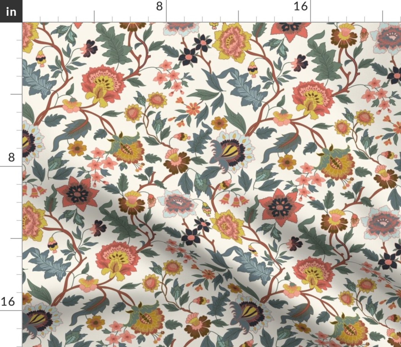 Multicolor Flowers Folk Garden Bedroom Italian Botanical Florals Villa Sage Mustard Coral Wildflower Meadow Large Scale Custom Printed Fabric by Spoonflower Various Fabrics by the Yard or Fat Quarter